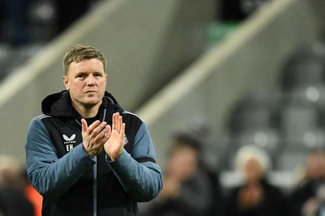 Newcastle United head coach Eddie Howe applauds fans after the Liverpool defeat.