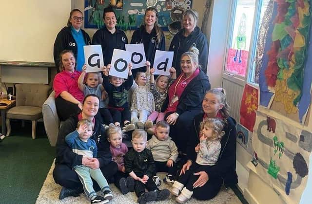 Staff and children at Ashfield Nursery & ELC celebrating their good Ofsted report.