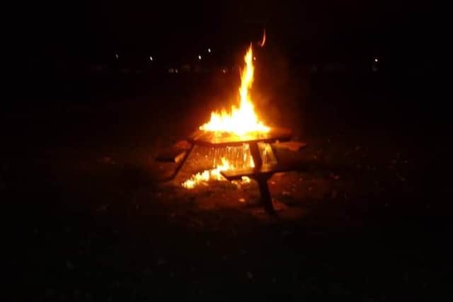 The picnic bench up in flames. Picture: Friends of West Park group.