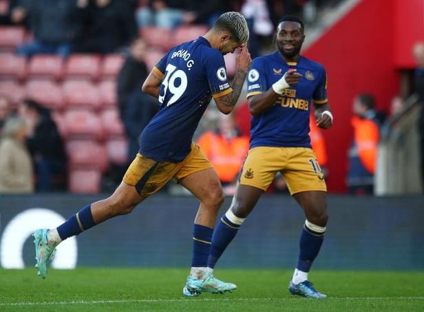 Bruno Guimaraes of Newcastle United celebrates after scoring their team's fourth goal during the Premier League match between Southampton FC and Newcastle United at Friends Provident St. Mary's Stadium on November 06, 2022 in Southampton, England. (Photo by Charlie Crowhurst/Getty Images)