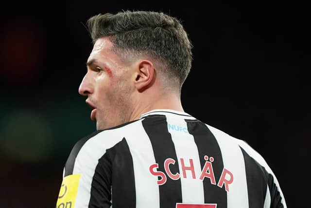 Newcastle United defender Fabian Schar suffered a blow to the head at Wembley.