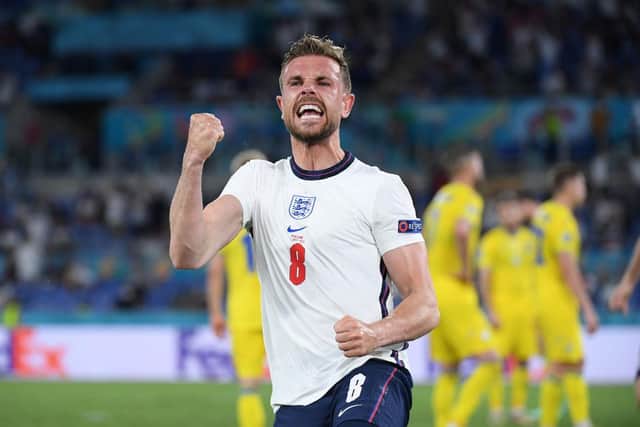 Jordan Henderson celebrates his first England goal.