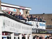 Fans on the Clock Stand balcony. South Shields v Bamber Bridge, 19032022,  Mariners Park, Northern Premier League. Photo by Paul Thompson.