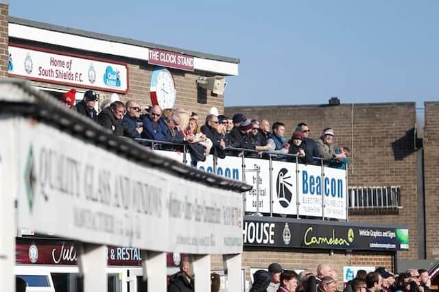 Fans on the Clock Stand balcony. South Shields v Bamber Bridge, 19032022, Mariners Park, Northern Premier League. Photo by Paul Thompson.