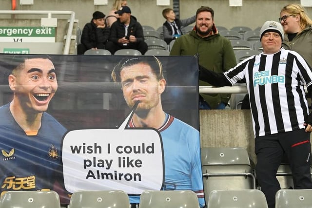 Newcastle fans hold up a cheeky banner aimed at Jack Grealish following his Miguel Almiron comments