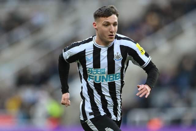 Newcastle player Dylan Stephenson in action during the friendly match between Newcastle United and Rayo Vallecano  at St James' Park on December 17, 2022 in Newcastle upon Tyne, England. (Photo by Stu Forster/Getty Images)