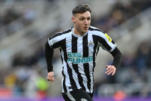 Newcastle player Dylan Stephenson in action during the friendly match between Newcastle United and Rayo Vallecano at St James' Park on December 17, 2022 in Newcastle upon Tyne, England. (Photo by Stu Forster/Getty Images)