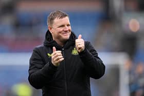 BURNLEY, ENGLAND - MAY 04: Eddie Howe, Manager of Newcastle United, gives a thumbs up following the team's victory during the Premier League match between Burnley FC and Newcastle United at Turf Moor on May 04, 2024 in Burnley, England. (Photo by Stu Forster/Getty Images)