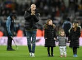 Jonjo Shelvey of Newcastle United acknowledges the fans at half-time after a confirmed January move during the Carabao Cup Semi Final 2nd Leg match between Newcastle United and Southampton at St James' Park on January 31, 2023 in Newcastle upon Tyne, England. (Photo by Stu Forster/Getty Images)