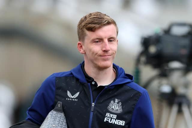 Matt Targett of Newcastle United arrives at the stadium prior to the Premier League match between Newcastle United and Arsenal at St. James Park on May 16, 2022 in Newcastle upon Tyne, England. (Photo by Ian MacNicol/Getty Images)