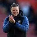 Eddie Howe, Manager of Newcastle United applauds the fans after their sides victory during the Premier League match between Southampton FC and Newcastle United at Friends Provident St. Mary's Stadium on November 06, 2022 in Southampton, England. (Photo by David Cannon/Getty Images)