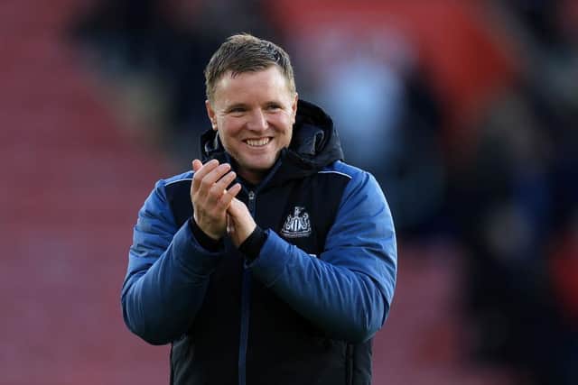 Eddie Howe, Manager of Newcastle United applauds the fans after their sides victory during the Premier League match between Southampton FC and Newcastle United at Friends Provident St. Mary's Stadium on November 06, 2022 in Southampton, England. (Photo by David Cannon/Getty Images)