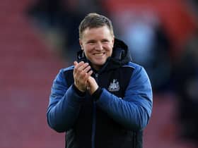 Eddie Howe, Manager of Newcastle United applauds the fans after their sides victory during the Premier League match between Southampton FC and Newcastle United at Friends Provident St. Mary's Stadium on November 06, 2022 in Southampton, England. (Photo by David Cannon/Getty Images)