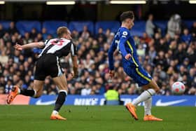 Kai Havertz gets ahead of Dan Burn to score for Chelsea.