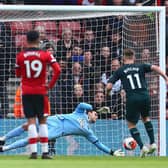 SOUTHAMPTON, ENGLAND - MARCH 07: Alex McCarthy of Southampton saves a penalty shot from Matt Ritchie of Newcastle United during the Premier League match between Southampton FC and Newcastle United at St Mary's Stadium on March 07, 2020 in Southampton, United Kingdom. (Photo by Jordan Mansfield/Getty Images)