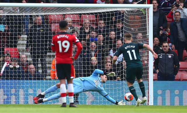 SOUTHAMPTON, ENGLAND - MARCH 07: Alex McCarthy of Southampton saves a penalty shot from Matt Ritchie of Newcastle United during the Premier League match between Southampton FC and Newcastle United at St Mary's Stadium on March 07, 2020 in Southampton, United Kingdom. (Photo by Jordan Mansfield/Getty Images)