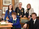 Westoe Crown Primary School pupils Sonny (aged 8) and Laila (aged 9) undertake ‘official’ signings overseen by the Mayor and Mayoress of South Tyneside and Lead Member for Children, Young People and Families, Councillor Adam Ellison.