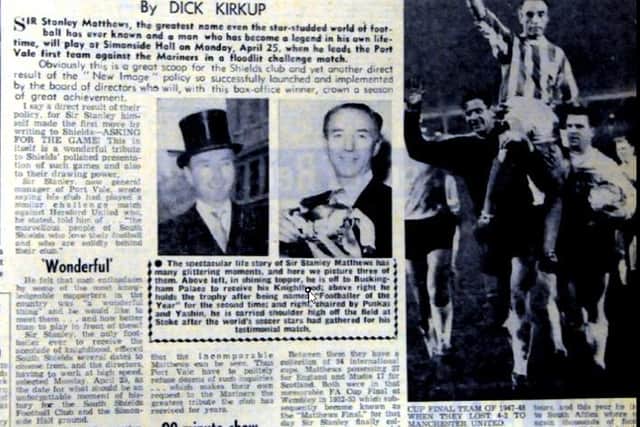 The Shields Gazette announcement that Sir Stanley Matthews was coming to town.