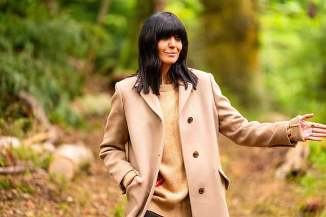 The Traitors Claudia Winkleman does country luxe in a cream Gucci coat. Picture BBC, Studio Lambert, Euan Cherry