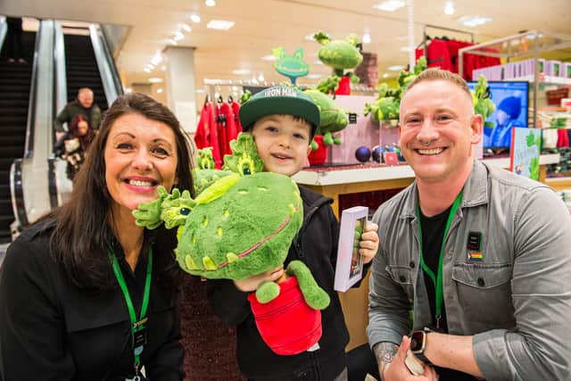 Tommy Lamb, with deputy branch manager Lisa Kennedy and head of the branch Tony Righelato, during his visit to John Lewis in Newcastle. Photo by Caters Photographic/PA Wire