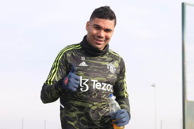Casemiro of Manchester United reacts during a first team training session at Carrington Training Ground on February 15, 2023 in Manchester, England. (Photo by Matthew Peters/Manchester United via Getty Images)