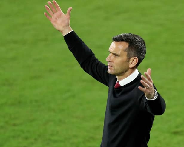 Head coach Stephen Glass of Atlanta United FC reacts during the CONCACAF Champions League quarterfinal game against Club America at Exploria Stadium on December 16, 2020 in Orlando, Florida.