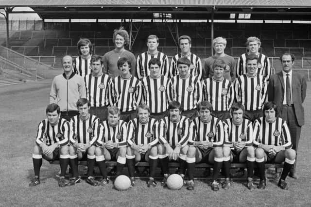 British soccer team Newcastle United FC, group photo, UK, 17th August 1970; they are (back row) Alan Foggon, John Hope, John McNamee, Bobby Moncur, Willie Mcfaul, Ron Guthrie; (middle row) Dave Smith (coach), Keith Duden, John Cowan, Phillip McGovern, David Craig, David Elliott, Ollie Burton, Joe Harvey (manager); (front row) John Craggs, David Young, Benny Arentoft, Bryan Robson, David Ford, Frank Clark, Tommy Gibb, Jimmy Smith. (Photo by Evening Standard/Hulton Archive/Getty images)