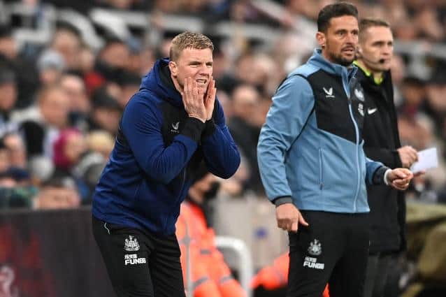 Newcastle manager Eddie Howe (l) reacts on the touchline during the Premier League match between Newcastle United  and  Everton at St. James Park on February 08, 2022 in Newcastle upon Tyne, England. (Photo by Stu Forster/Getty Images)