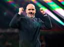 Manchester United manager Erik ten Hag celebrates Thursday night's win over Barcelona.