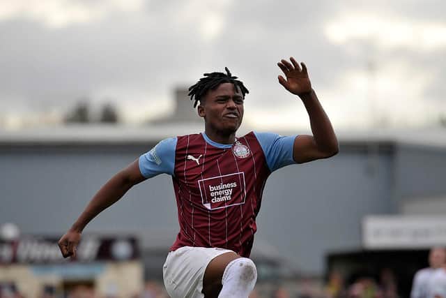 Bali Mumba celebrates scoring the fifth goal in South Shields' 5-3 win over FC United of Manchester.