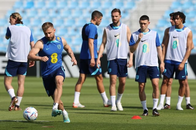 Luke Shaw during the England Training session at Al Wakrah Stadium. (Photo by Michael Steele/Getty Images).