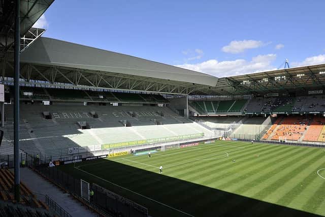Picture of the south tribune of the Geoffroy Guichard stadium taken on August 26, 2012 in Saint-Etienne ahead of the French L1 football match AS Saint-Etienne (ASSE) vs Brest (SB) at the Geoffroy Guichard stadium in Saint-Etienne, central France.  AFP PHOTO THIERRY ZOCCOLAN        (Photo credit should read THIERRY ZOCCOLAN/AFP via Getty Images)