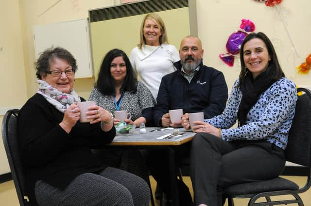 South Tyneside Council Cllr Ruth Berkley with Inspire's Charlotte Harrison, Colliode's StuartSharpe, and MI Dickson's Elena Dickson, at Boldon CA's warm space.