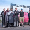 PLB1 - Pink Lane staff members Dave Shevill, Jonathan Mchale, Charlie Lemin, Alice Hart and Janine Fagan with Adderstone staff Charlie Harkness, Sienna Levey and Grace Thompson.