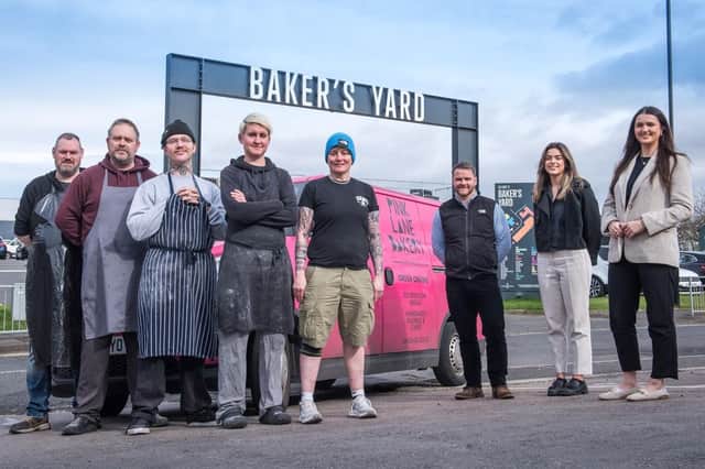 PLB1 - Pink Lane staff members Dave Shevill, Jonathan Mchale, Charlie Lemin, Alice Hart and Janine Fagan with Adderstone staff Charlie Harkness, Sienna Levey and Grace Thompson.