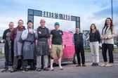 PLB1 - Pink Lane staff members Dave Shevill, Jonathan Mchale, Charlie Lemin, Alice Hart and Janine Fagan with Adderstone staff Charlie Harkness, Sienna Levey and Grace Thompson.