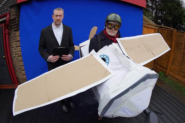 Jack Dee ready to take to the skies as Alex Horne looks on during one of the tasks in this week's Taskmaster final (Picture: Avalon)