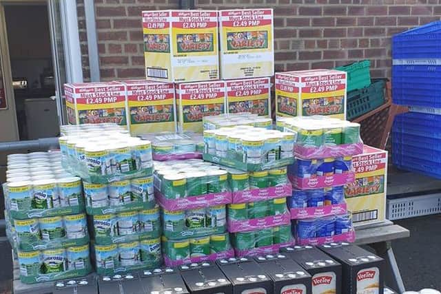 Donations of custard and cereal for Hebburn Helps earlier this week.