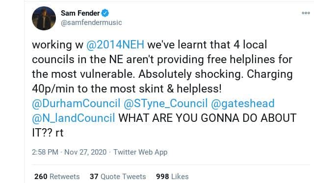 Sam Fender has called out four North East councils on Twitter for not providing a free helpline for the most vulnerable.