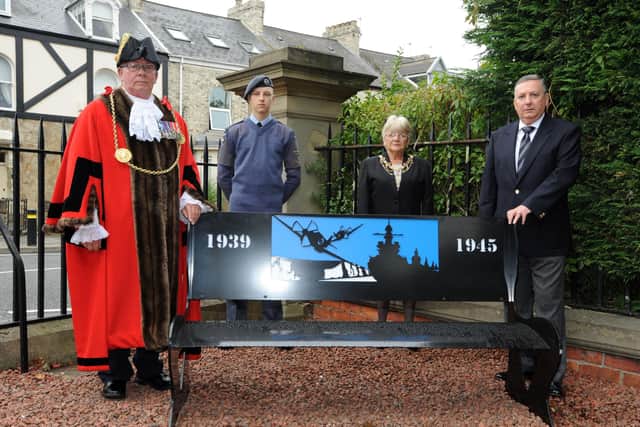 Mayor of South Tyneside, Councillor Norman Dick, Mayoress Mrs Jean Williamson and Councillor Iain Malcolm unveiled a memorial bench at Westoe.