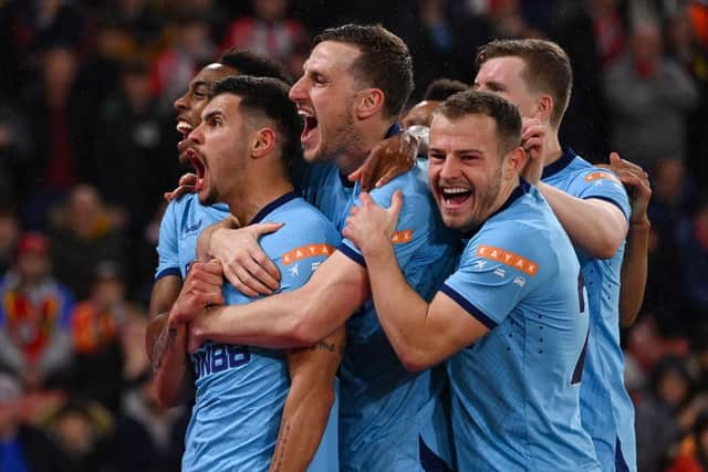 Newcastle United's Bruno Guimaraes celebrates his goal against Southampton with team-mates last season.