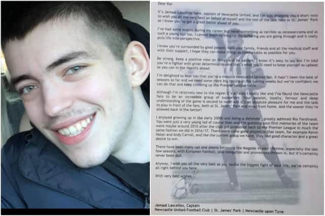 Kai Heslop was delighted to receive a letter from Newcastle United captain Jamaal Lascelles wishing him well during his health battle.
The Toon Army fan has since framed the letter and his family hope the Newcastle squad will get behind the fundraising campaign.