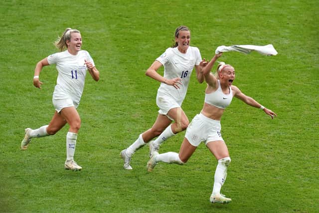 England's Chloe Kelly (right) celebrates scoring their side's second goal of the game during the UEFA Women's Euro 2022 final at Wembley.