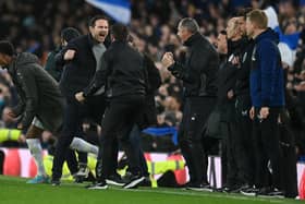 Frank Lampard, Manager of Everton celebrates their sides victory with staff at full time after the Premier League match between Everton and Newcastle United at Goodison Park on March 17, 2022 in Liverpool, England. (Photo by Michael Regan/Getty Images)