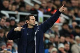 Everton's English manager Frank Lampard gestures on the touchline during the English Premier League football match between Newcastle United and Everton at St James' Park in Newcastle-upon-Tyne, north east England on February 8, 2022. (Photo by LINDSEY PARNABY/AFP via Getty Images)