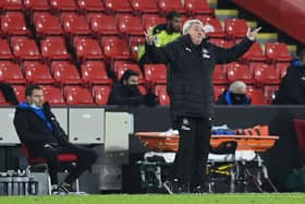 SHEFFIELD, ENGLAND - JANUARY 12: Newcastle manager Steve Bruce reacts during the Premier League match between Sheffield United and Newcastle United at Bramall Lane on January 12, 2021 in Sheffield, England. Sporting stadiums around England remain under strict restrictions due to the Coronavirus Pandemic as Government social distancing laws prohibit fans inside venues resulting in games being played behind closed doors. (Photo by Stu Forster/Getty Images)