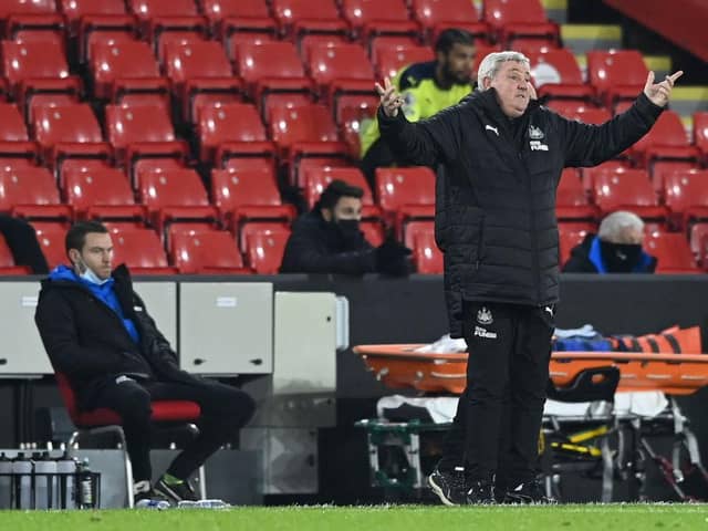 SHEFFIELD, ENGLAND - JANUARY 12: Newcastle manager Steve Bruce reacts during the Premier League match between Sheffield United and Newcastle United at Bramall Lane on January 12, 2021 in Sheffield, England. Sporting stadiums around England remain under strict restrictions due to the Coronavirus Pandemic as Government social distancing laws prohibit fans inside venues resulting in games being played behind closed doors. (Photo by Stu Forster/Getty Images)