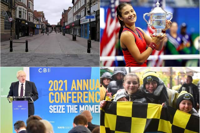 Images of 2021 clockwise from top left: King Street was empty for a specific reason this day, a triumphant Emma Raducanu (Getty Images), equally triumphant Hebburn Town fans and the Prime Minister's ill-fated speech in South Shields.