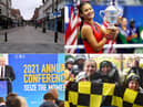 Images of 2021 clockwise from top left: King Street was empty for a specific reason this day, a triumphant Emma Raducanu (Getty Images), equally triumphant Hebburn Town fans and the Prime Minister's ill-fated speech in South Shields.