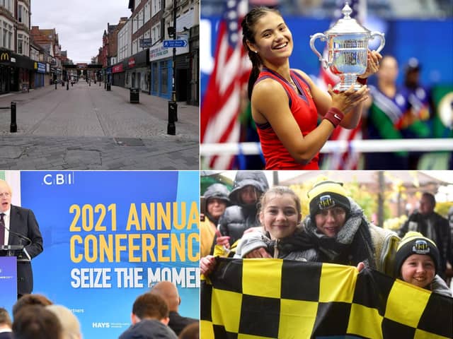 Images of 2021 clockwise from top left: King Street was empty for a specific reason this day, a triumphant Emma Raducanu (Getty Images), equally triumphant Hebburn Town fans and the Prime Minister's ill-fated speech in South Shields.
